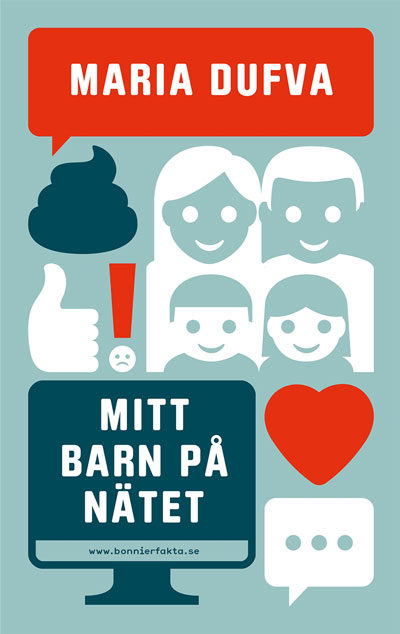 Bokens omslag visar olika symboler, bland annat en familj, ett hjärta och en dator.