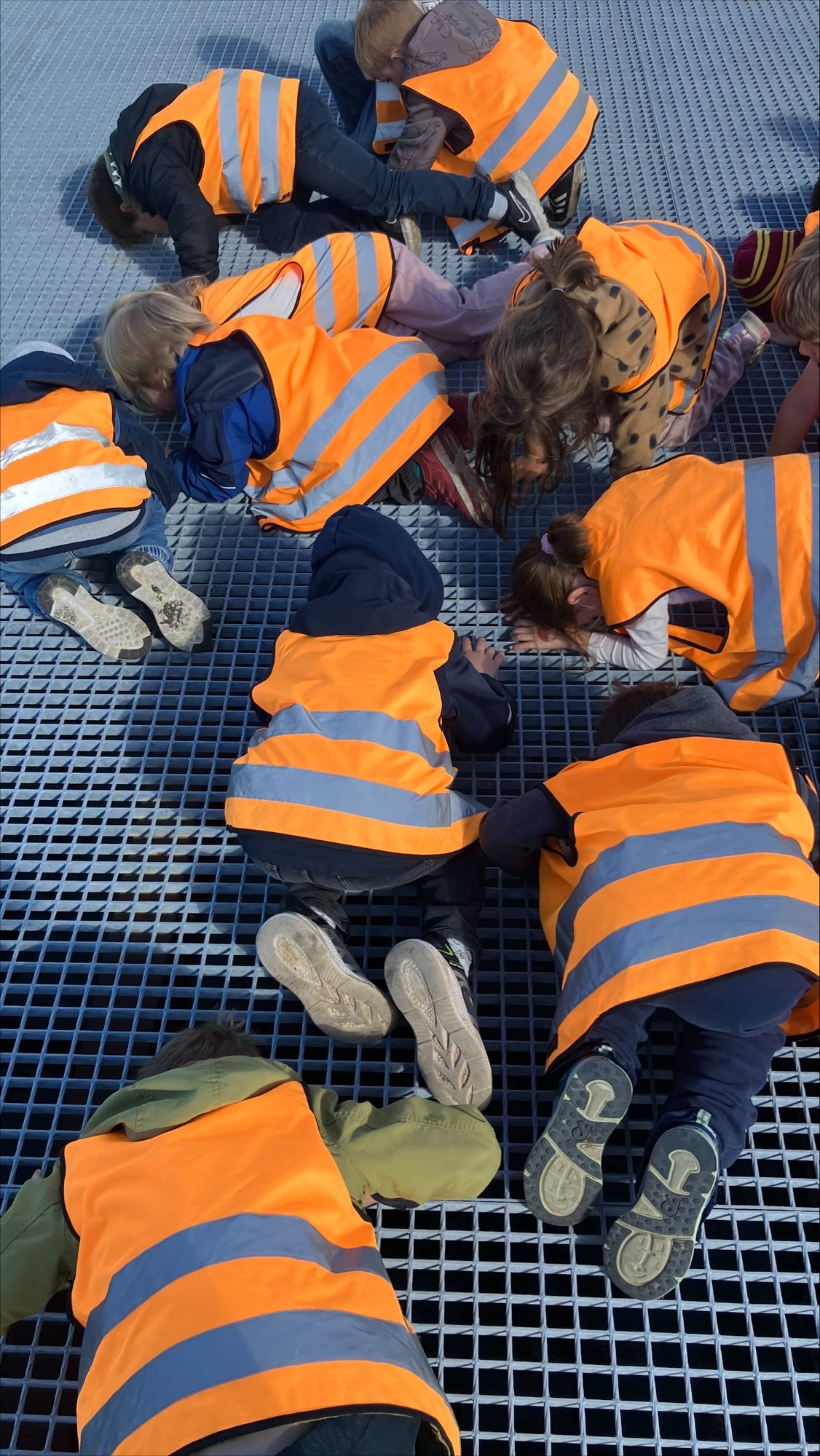 Elever tittar genom ett galler